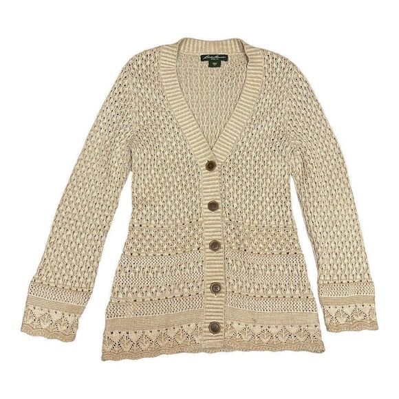 EDDIE BAUER Cardigan Sweater M Natural Beige Open Knit Button Layer Beach V-Neck - Picture 12 of 12